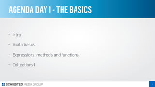AGENDADAY1-THEBASICS
• Intro
• Scala basics
• Expressions, methods and functions
• Collections I
3
 