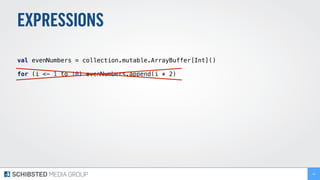 EXPRESSIONS
val evenNumbers = collection.mutable.ArrayBuffer[Int]()
for (i <- 1 to 10) evenNumbers.append(i * 2)
40
 