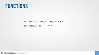 FUNCTIONS
val add = (a: Int, b: Int) => a + b
add.apply(2, 2) // 4
62
 
