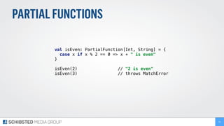 PARTIALFUNCTIONS
val isEven: PartialFunction[Int, String] = {
case x if x % 2 == 0 => x + " is even"
}
isEven(2) // "2 is even"
isEven(3) // throws MatchError
65
 