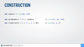 CONSTRUCTION
 
val numbers = List(42, 314) 
 
val moreNumbers = 17 :: numbers // List(17, 42, 314)
val fromScratch = 1 :: 2 :: 3 :: Nil // List(1, 2, 3)
76
 