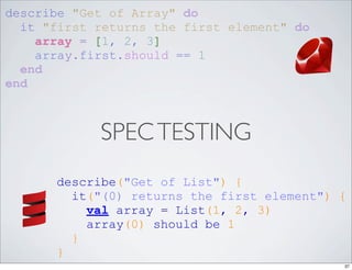 describe "Get of Array" do
  it "first returns the first element" do
    array = [1, 2, 3]
    array.first.should == 1
  end
end



            SPEC TESTING
      describe("Get of List") {
        it("(0) returns the first element") {
          val array = List(1, 2, 3)
          array(0) should be 1
        }
      }
                                            37
 