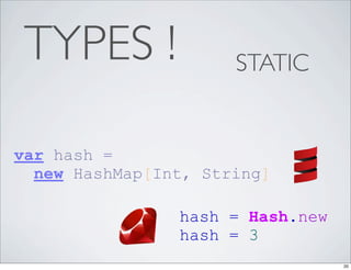 TYPES !              STATIC


var hash =
  new HashMap[Int, String]

                hash = Hash.new
                hash = 3
                                  20
 