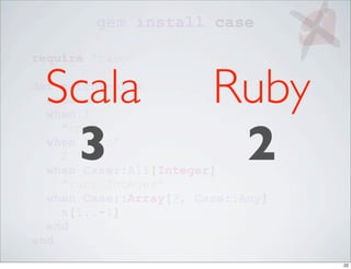 gem install case

require 'case'


 Scala
def matchTest x
  case x
  when 1
                        Ruby
  3                      2
    "one"
  when "two"
    2
  when Case::All[Integer]
    "ruby.Integer"
  when Case::Array[2, Case::Any]
    x[1..-1]
  end
end
                                   22
 