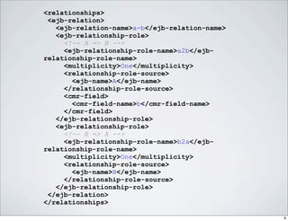 <relationships>
 <ejb-relation>
   <ejb-relation-name>a-b</ejb-relation-name>
   <ejb-relationship-role>
     <!-- A => B -->
     <ejb-relationship-role-name>a2b</ejb-
relationship-role-name>
     <multiplicity>One</multiplicity>
     <relationship-role-source>
       <ejb-name>A</ejb-name>
     </relationship-role-source>
     <cmr-field>
       <cmr-field-name>b</cmr-field-name>
     </cmr-field>
   </ejb-relationship-role>
   <ejb-relationship-role>
     <!-- B => A -->
     <ejb-relationship-role-name>b2a</ejb-
relationship-role-name>
     <multiplicity>One</multiplicity>
     <relationship-role-source>
       <ejb-name>B</ejb-name>
     </relationship-role-source>
   </ejb-relationship-role>
 </ejb-relation>
</relationships>

                                                8
 