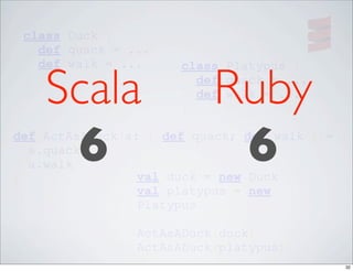 class Duck {
   def quack = ...
   def walk = ...

    Scala                 Ruby
                      class Platypus {
 }                      def quack = ...
                        def walk = ...
                      }




}
     6
  a.quack
  a.walk
                           6
def ActAsADuck(a: { def quack; def walk })= {


                 val duck = new Duck
                 val platypus = new
                 Platypus

                ActAsADuck(duck)
                ActAsADuck(platypus)
                                            32
 