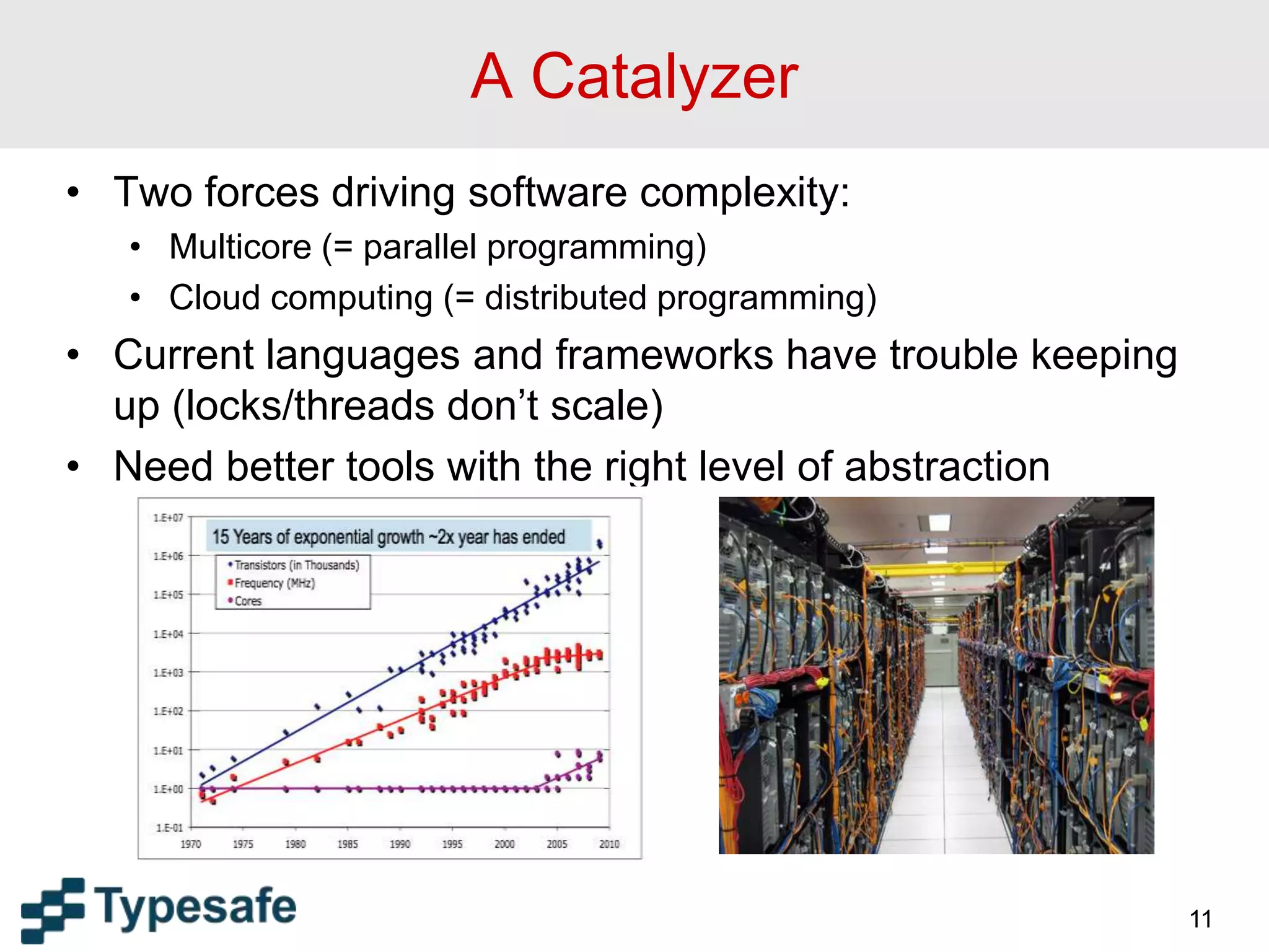 A Catalyzer
• Two forces driving software complexity:
• Multicore (= parallel programming)
• Cloud computing (= distributed programming)
• Current languages and frameworks have trouble keeping
up (locks/threads don’t scale)
• Need better tools with the right level of abstraction
11
 