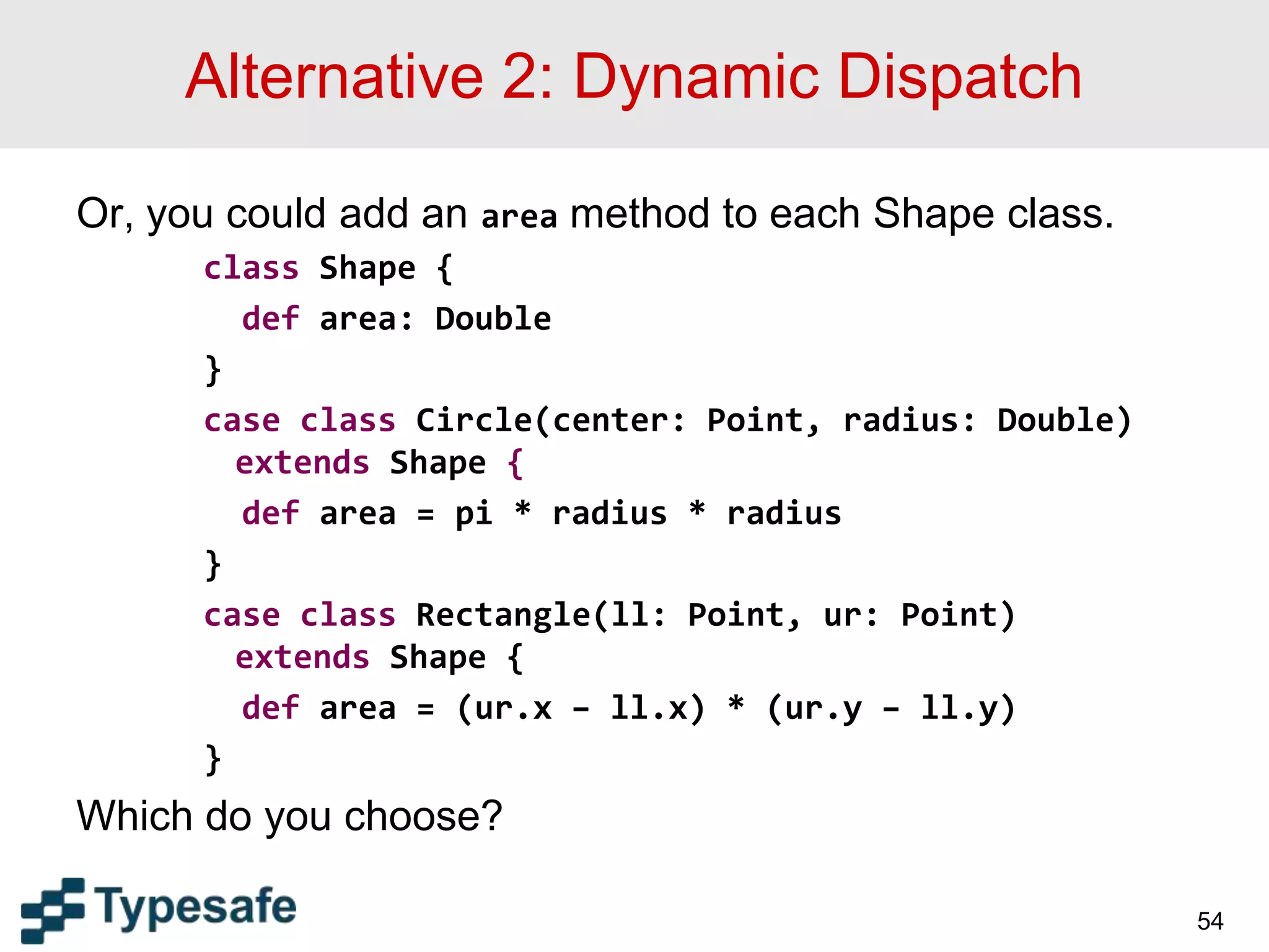 Alternative 2: Dynamic Dispatch
Or, you could add an area method to each Shape class.
class Shape {
def area: Double
}
case class Circle(center: Point, radius: Double)
extends Shape {
def area = pi * radius * radius
}
case class Rectangle(ll: Point, ur: Point)
extends Shape {
def area = (ur.x – ll.x) * (ur.y – ll.y)
}
Which do you choose?
54
 