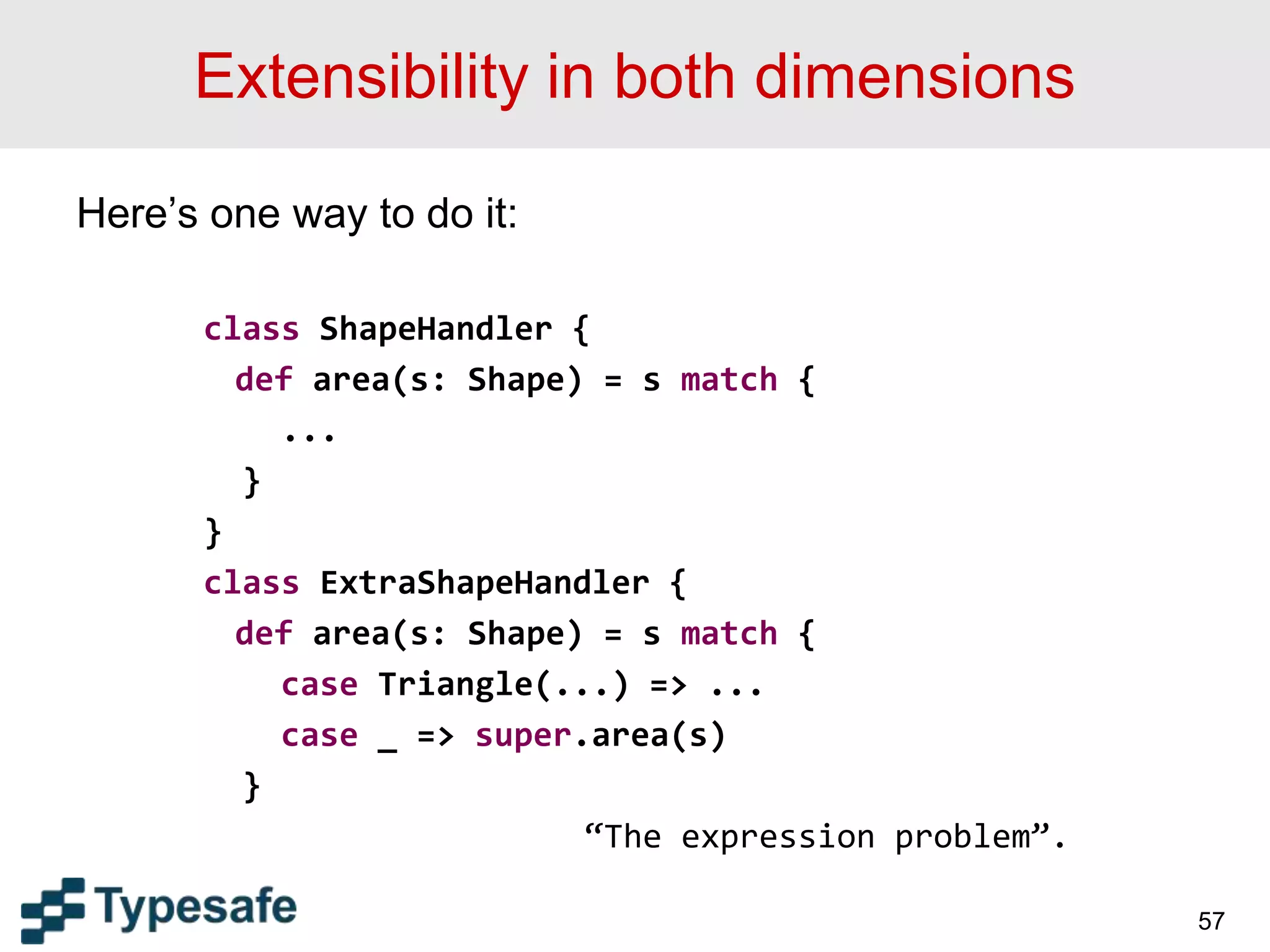 Extensibility in both dimensions
Here’s one way to do it:
class ShapeHandler {
def area(s: Shape) = s match {
...
}
}
class ExtraShapeHandler {
def area(s: Shape) = s match {
case Triangle(...) => ...
case _ => super.area(s)
}
“The expression problem”.
57
 