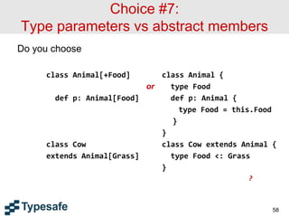 Choice #7:
Type parameters vs abstract members
Do you choose
class Animal[+Food] class Animal {
or type Food
def p: Animal[Food] def p: Animal {
type Food = this.Food
}
}
class Cow class Cow extends Animal {
extends Animal[Grass] type Food <: Grass
}
?
58
 