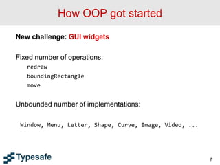 How OOP got started
New challenge: GUI widgets
Fixed number of operations:
redraw
boundingRectangle
move
Unbounded number of implementations:
Window, Menu, Letter, Shape, Curve, Image, Video, ...
7
 
