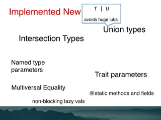 Implemented New Features
Multiversal Equality
Intersection Types
Union types
Trait parameters
Named type
parameters
T	|	U	...