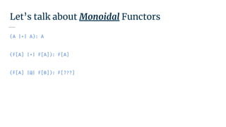 Let’s talk about Monoidal Functors
(A |+| A): A
(F[A] |+| F[A]): F[A]
(F[A] |@| F[B]): F[???]
 
