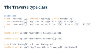 The Traverse type class
@typeclass
trait Traverse[T[_]] extends Foldable[T] with Functor[T] {
def sequence[F[_]: Applicative, A](tfa: T[F[A]]): F[T[A]]
def traverse[F[_]: Applicative, A, B](ta: T[A], f: A => F[B]): F[T[B]]
}
implicit def vectorTraversable: Traverse[Vector]
implicit def optionTraversable: Traverse[Option]
type EitherString[A] = Either[String, A]
implicit def eitherStringTraversable: Traverse[EitherString]
 