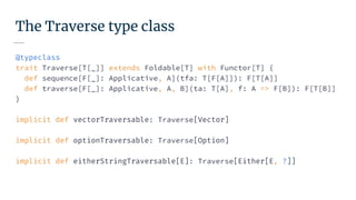 The Traverse type class
@typeclass
trait Traverse[T[_]] extends Foldable[T] with Functor[T] {
def sequence[F[_]: Applicative, A](tfa: T[F[A]]): F[T[A]]
def traverse[F[_]: Applicative, A, B](ta: T[A], f: A => F[B]): F[T[B]]
}
implicit def vectorTraversable: Traverse[Vector]
implicit def optionTraversable: Traverse[Option]
implicit def eitherStringTraversable[E]: Traverse[Either[E, ?]]
 
