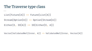 The Traverse type class
List[Future[A]] => Future[List[A]]
Stream[Option[A]] => Option[Stream[A]]
Either[E, IO[A]] => IO[Either[E, A]]
Vector[ValidatedNel[Error, A]] => ValidatedNel[Error, Vector[A]]
 