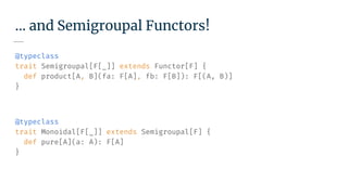 … and Semigroupal Functors!
@typeclass
trait Semigroupal[F[_]] extends Functor[F] {
def product[A, B](fa: F[A], fb: F[B]): F[(A, B)]
}
@typeclass
trait Monoidal[F[_]] extends Semigroupal[F] {
def pure[A](a: A): F[A]
}
 