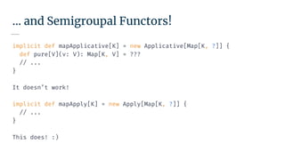 … and Semigroupal Functors!
implicit def mapApplicative[K] = new Applicative[Map[K, ?]] {
def pure[V](v: V): Map[K, V] = ???
// ...
}
It doesn’t work!
implicit def mapApply[K] = new Apply[Map[K, ?]] {
// ...
}
This does! :)
 