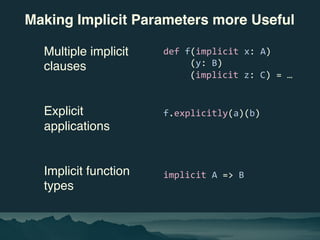 Making Implicit Parameters more Useful
Multiple implicit
clauses
Explicit
applications
Implicit function
types
def f(impli...