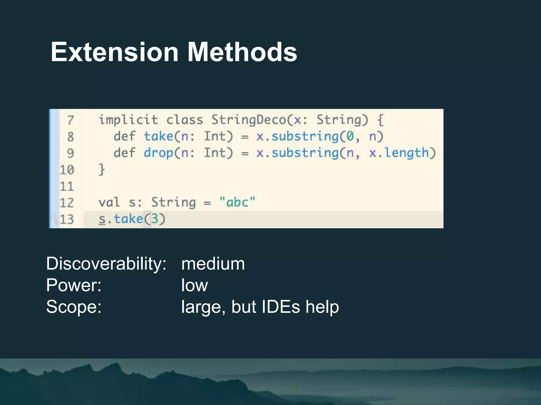Extension Methods
Discoverability: medium
Power: low
Scope: large, but IDEs help
 