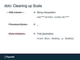 dotc: Cleaning up Scala
XML Literals  String interpolation
xml”””<A>this slide</A>”””
Procedure Syntax  _
Early initiali...
