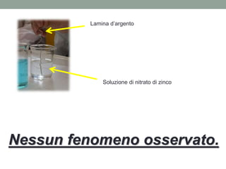 Lamina d’argento
Soluzione di nitrato di zinco
Nessun fenomeno osservato.
 