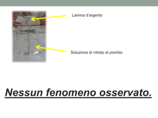 Lamina d’argento
Soluzione di nitrato di piombo
Nessun fenomeno osservato.
 