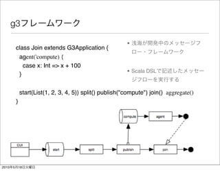g3

                                                           •
           class Join extends G3Application {
            agent('compute) {
              case x: Int => x + 100
                                                           • Scala DSL
            }


               start(List(1, 2, 3, 4, 5)) split() publish("compute") join() aggregate()
           }




2010   5       18
 