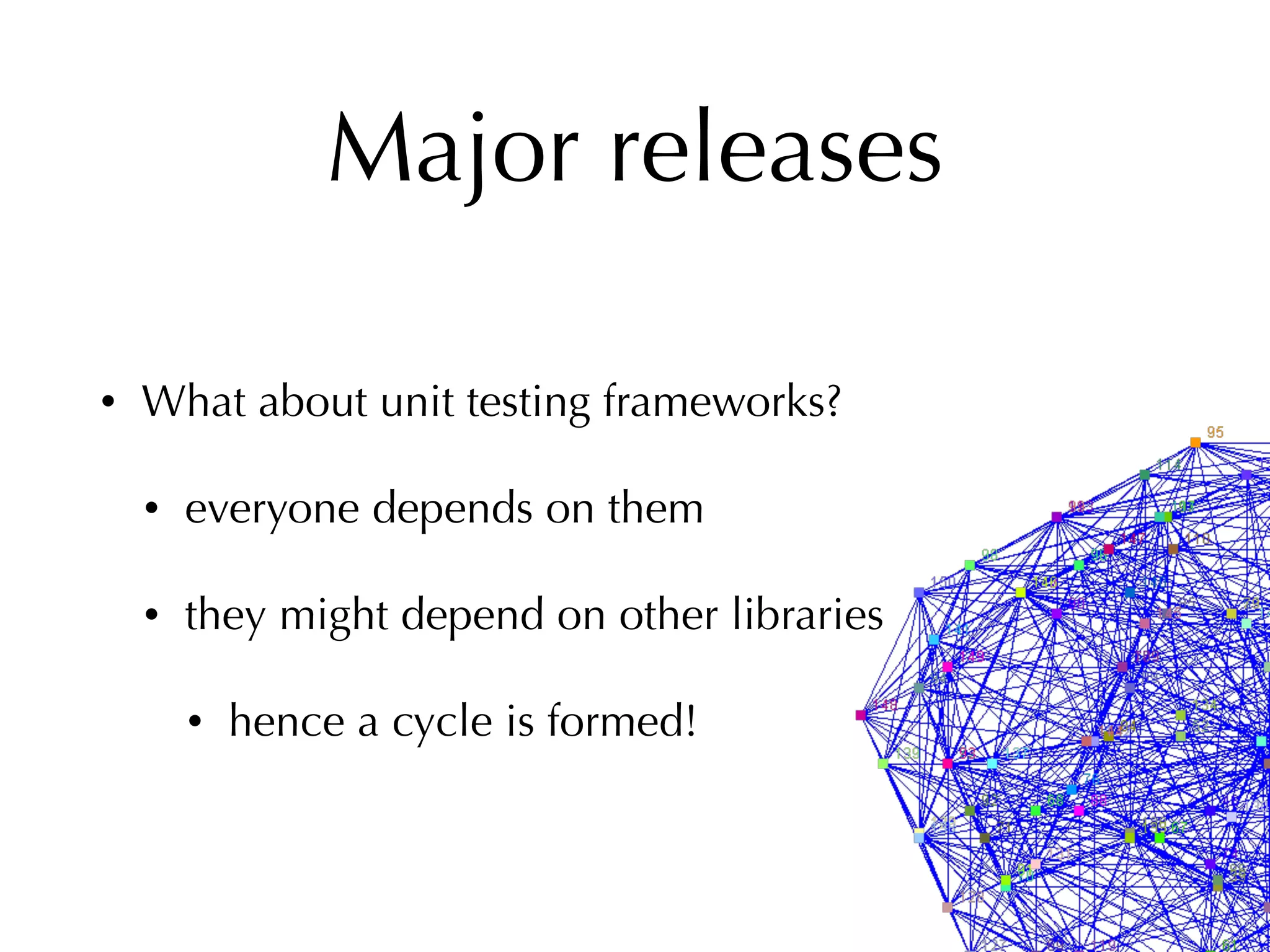 Major releases
• What about unit testing frameworks?
• everyone depends on them
• they might depend on other libraries
• hence a cycle is formed!
 