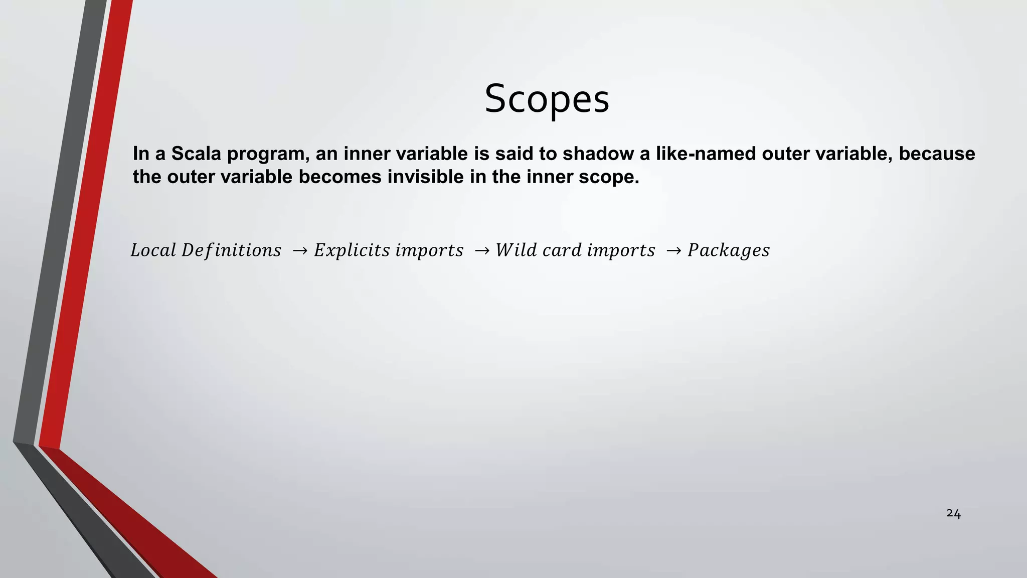 Scopes
In a Scala program, an inner variable is said to shadow a like-named outer variable, because
the outer variable becomes invisible in the inner scope.
𝐿𝑜𝑐𝑎𝑙 𝐷𝑒𝑓𝑖𝑛𝑖𝑡𝑖𝑜𝑛𝑠 → 𝐸𝑥𝑝𝑙𝑖𝑐𝑖𝑡𝑠 𝑖𝑚𝑝𝑜𝑟𝑡𝑠 → 𝑊𝑖𝑙𝑑 𝑐𝑎𝑟𝑑 𝑖𝑚𝑝𝑜𝑟𝑡𝑠 → 𝑃𝑎𝑐𝑘𝑎𝑔𝑒𝑠
24
 