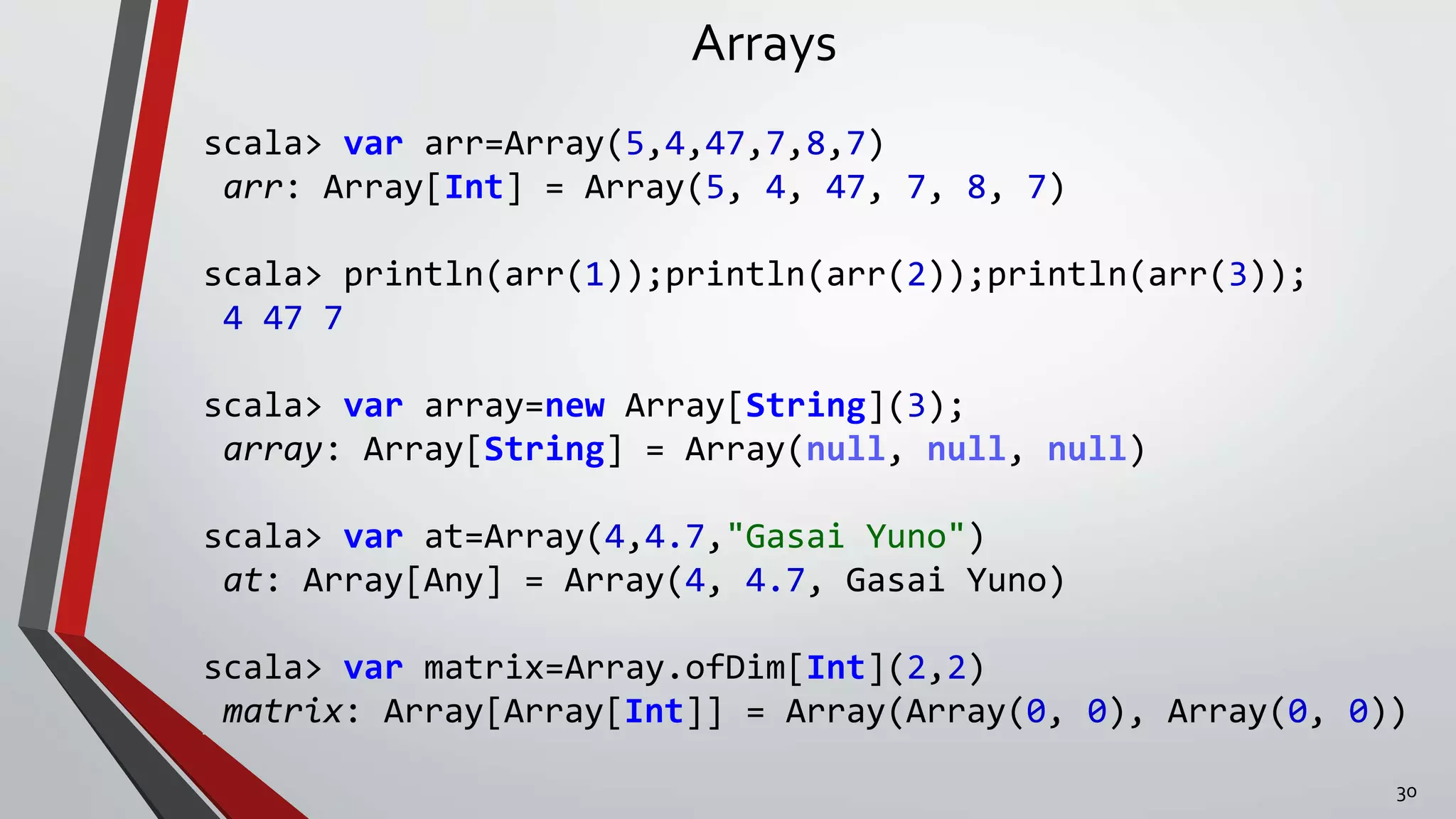 Arrays
scala> var arr=Array(5,4,47,7,8,7)
arr: Array[Int] = Array(5, 4, 47, 7, 8, 7)
scala> println(arr(1));println(arr(2));println(arr(3));
4 47 7
scala> var array=new Array[String](3);
array: Array[String] = Array(null, null, null)
scala> var at=Array(4,4.7,"Gasai Yuno")
at: Array[Any] = Array(4, 4.7, Gasai Yuno)
scala> var matrix=Array.ofDim[Int](2,2)
matrix: Array[Array[Int]] = Array(Array(0, 0), Array(0, 0))
30
 