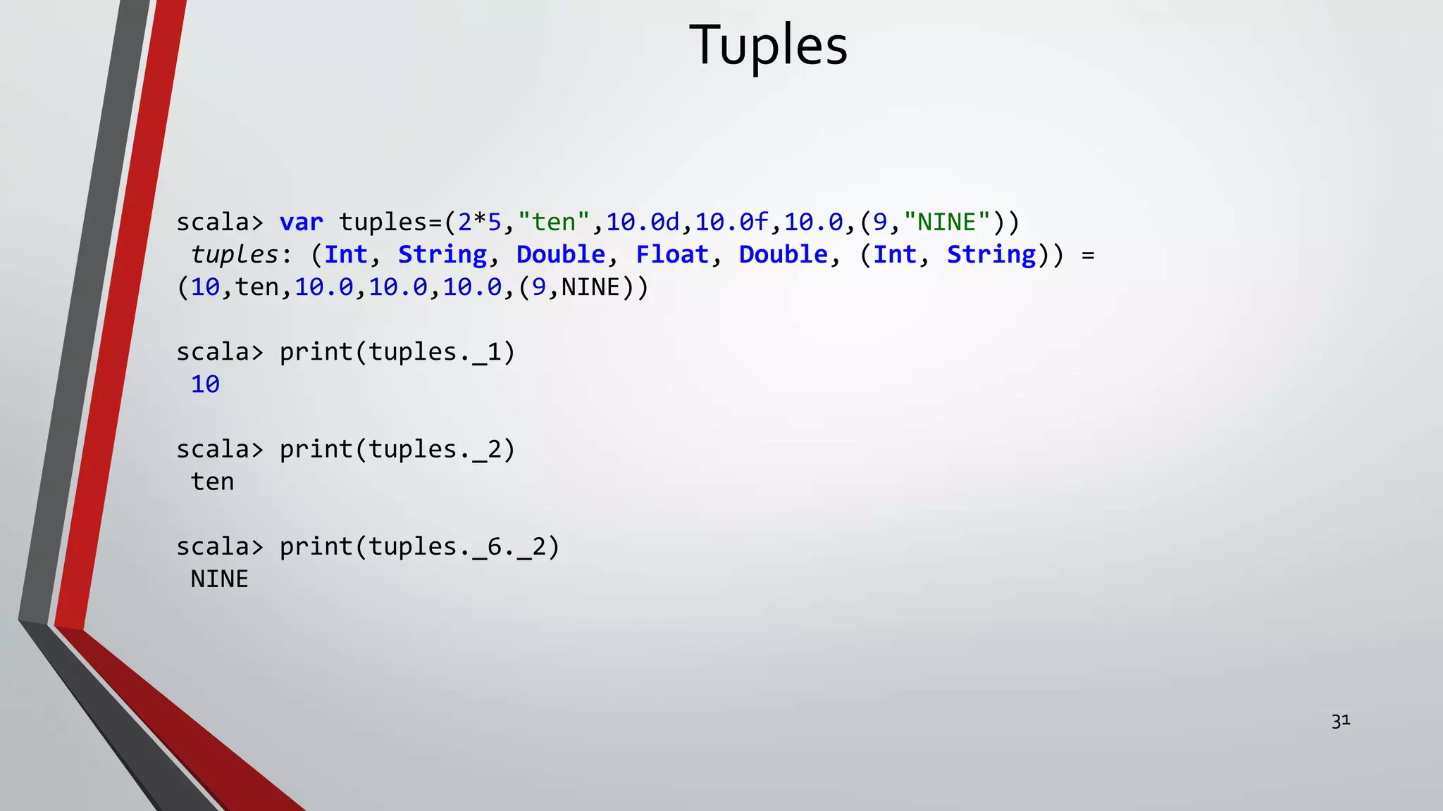 Tuples
scala> var tuples=(2*5,"ten",10.0d,10.0f,10.0,(9,"NINE"))
tuples: (Int, String, Double, Float, Double, (Int, String)) =
(10,ten,10.0,10.0,10.0,(9,NINE))
scala> print(tuples._1)
10
scala> print(tuples._2)
ten
scala> print(tuples._6._2)
NINE
31
 