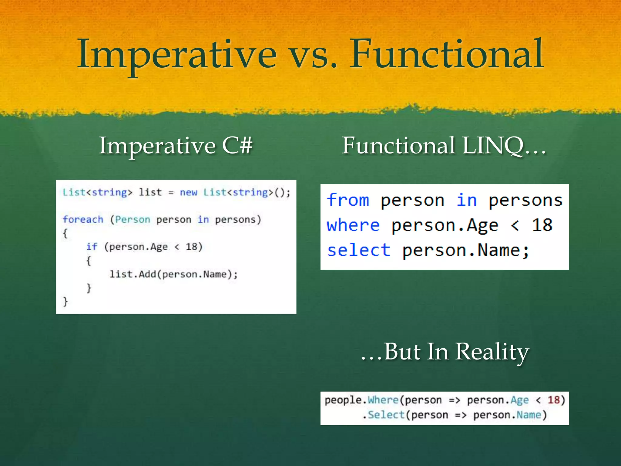 Imperative vs. Functional
Imperative C# Functional LINQ…
…But In Reality
 