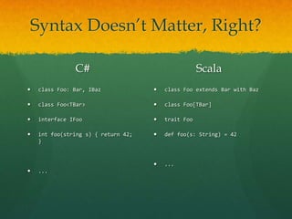 Syntax Doesn’t Matter, Right?
C#
 class Foo: Bar, IBaz
 class Foo<TBar>
 interface IFoo
 int foo(string s) { return 42;
}
 ...
Scala
 class Foo extends Bar with Baz
 class Foo[TBar]
 trait Foo
 def foo(s: String) = 42
 ...
 