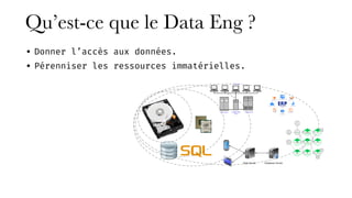 Qu’est-ce que le Data Eng ?
• Donner l’accès aux données.
• Pérenniser les ressources immatérielles.
 