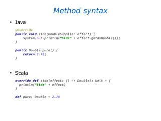 Method syntax
●
Java
@Override
public void side(DoubleSupplier effect) {
System.out.println("Side" + effect.getAsDouble());
}
public Double pure() {
return 2.78;
}
●
Scala
override def side(effect: () => Double): Unit = {
println("Side" + effect)
}
def pure: Double = 2.78
 