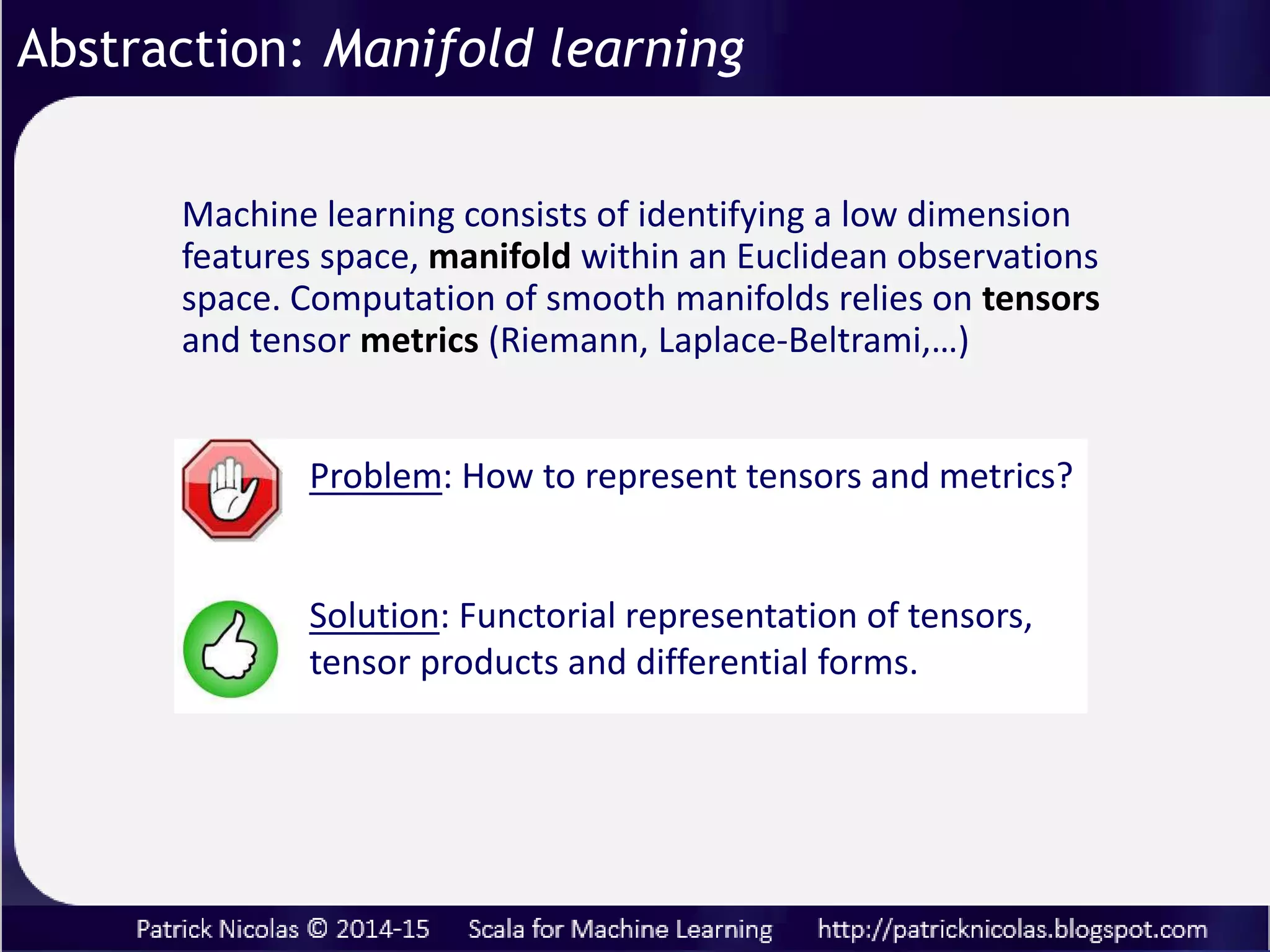 Product Functor
Tensor metrics and products requires other type of functors …
BiFunctor
(*) Paul Phillips’ cats framework https://github.com/non/cats
Abstraction: Non-linear learning models
 
