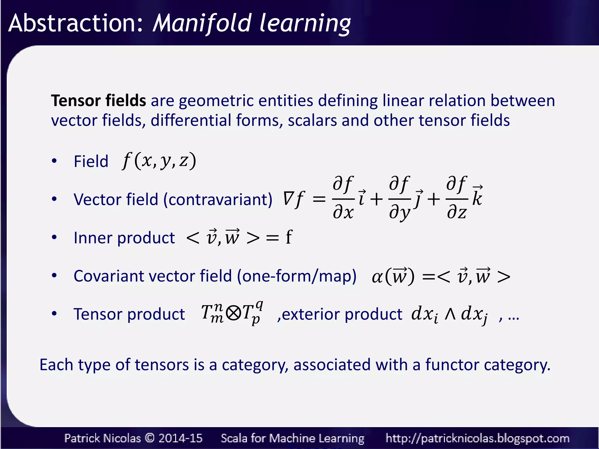 Define a kernel function as the composition of 2 functions g o h
𝒦𝑓 𝐱, 𝐲 = 𝑔(
𝑖
ℎ(𝑥𝑖, 𝑦𝑖))
Abstraction: Kernel monadic composition
We create a monad to generate any kind of kernel functions Kf, by
composing their component g: g1 o g2 o … o gn o h
 