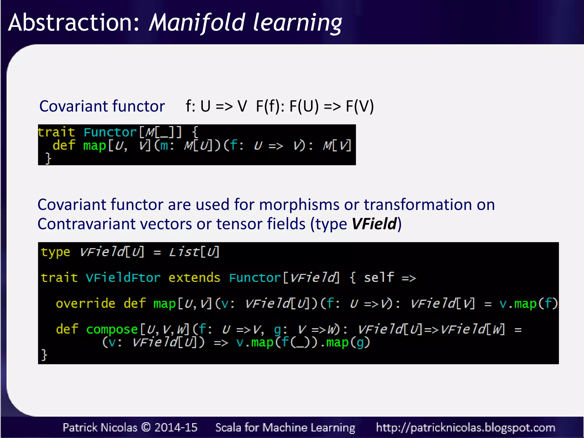 A monad extends a functor with binding method (flatMap)
The monadic implementation of the kernel function component h
Abstraction: Kernel functions composition
 