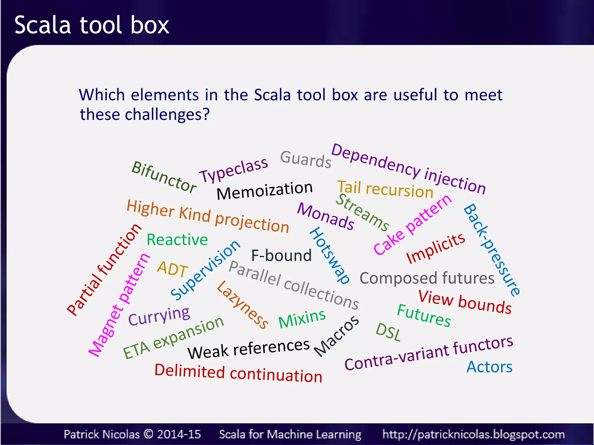 Scala tool box
Which elements in the Scala tool box are useful to meet
these challenges?
Actors
Composed futures
F-bound
Reactive
 