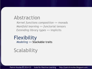 Notes
Abstraction: Extending library types
• Type conversion such as toDouble, toFloat can be
extended to deal rounding error or rendering
precision
• Creating a type class is a more generic (appropriate?)
methodology to extends functionality of a closed
model or framework. Is there a reason why Try in
Scala standard library does not support conversion to
Either ?
 