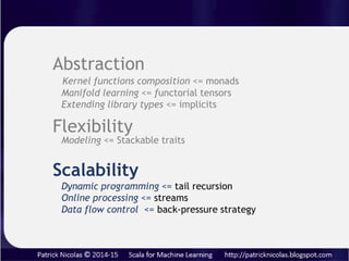A simple clustering workflow requires a preprocessor &
reducer. The computation sequence exec transform a
time series of element of type U and return a time series
of type W as option
Flexibility: modeling
 