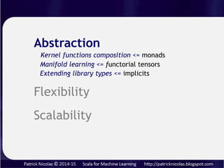 Abstraction
Non-linear learning models <= functorial tensors
Kernel monadic composition <= monads
Extending library types <= implicits
Flexibility
Scalability
 