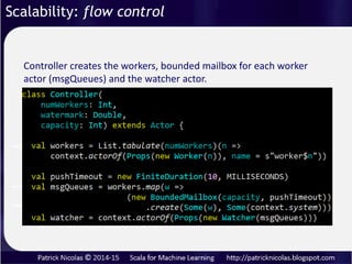 Scalability: flow control
Messages passing scheme to process various data streams
with transformations.
Dataset
Workers
Controller
Watcher
Load->
Compute->
Bounded mailboxes
<- GetStatus
Status ->
Completed->
 