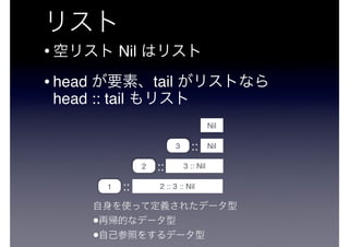 • Nil
•head tail
head :: tail
3
Nil
Nil::
3 :: Nil2 ::
2 :: 3 :: Nil1 ::
•
•
 
