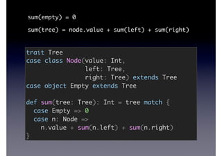 sum(empty) = 0
sum(tree) = node.value + sum(left) + sum(right)
trait Tree
case class Node(value: Int,
left: Tree,
right: Tree) extends Tree
case object Empty extends Tree
def sum(tree: Tree): Int = tree match {
case Empty => 0
case n: Node =>
n.value + sum(n.left) + sum(n.right)
}
 