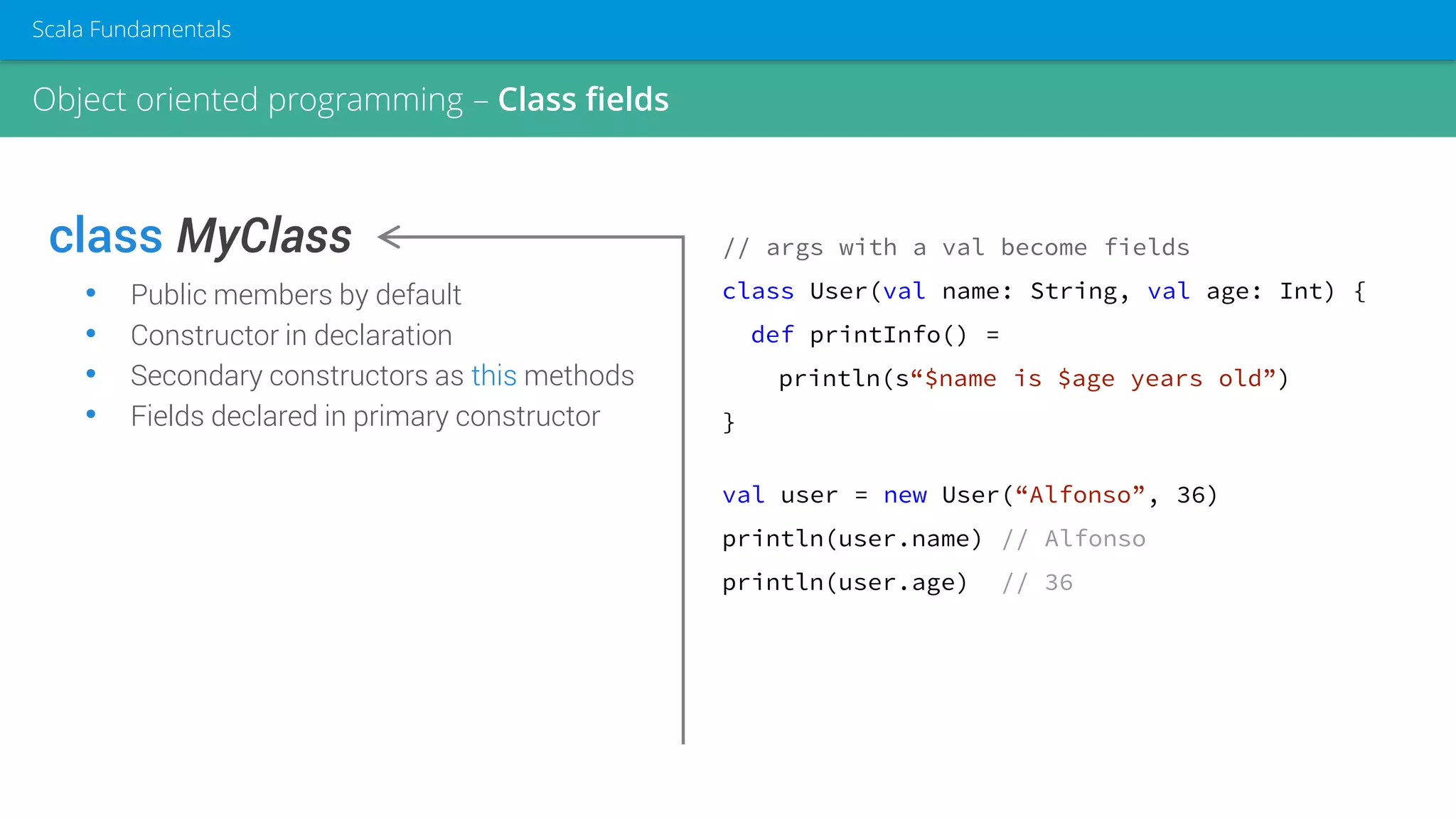 class MyClass
• Public members by default
• Constructor in declaration
• Secondary constructors as this methods
• Fields declared in primary constructor
// args with a val become fields
class User(val name: String, val age: Int) {
def printInfo() =
println(s“$name is $age years old”)
}
val user = new User(“Alfonso”, 36)
println(user.name) // Alfonso
println(user.age) // 36
Object oriented programming – Class fields
Scala Fundamentals
 