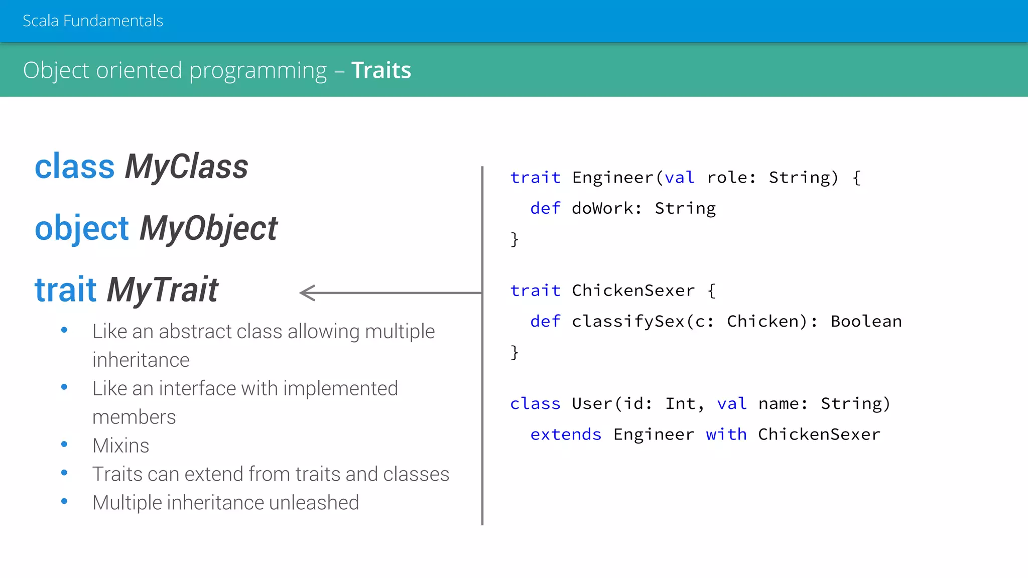 class MyClass
object MyObject
trait MyTrait
• Like an abstract class allowing multiple
inheritance
• Like an interface with implemented
members
• Mixins
• Traits can extend from traits and classes
• Multiple inheritance unleashed
trait Engineer(val role: String) {
def doWork: String
}
trait ChickenSexer {
def classifySex(c: Chicken): Boolean
}
class User(id: Int, val name: String)
extends Engineer with ChickenSexer
Object oriented programming – Traits
Scala Fundamentals
 