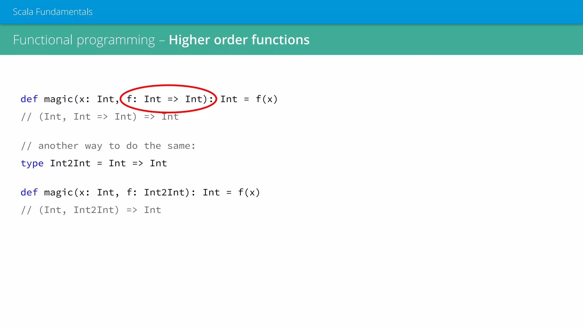 Functional programming – Higher order functions
Scala Fundamentals
def magic(x: Int, f: Int => Int): Int = f(x)
// (Int, Int => Int) => Int
// another way to do the same:
type Int2Int = Int => Int
def magic(x: Int, f: Int2Int): Int = f(x)
// (Int, Int2Int) => Int
 