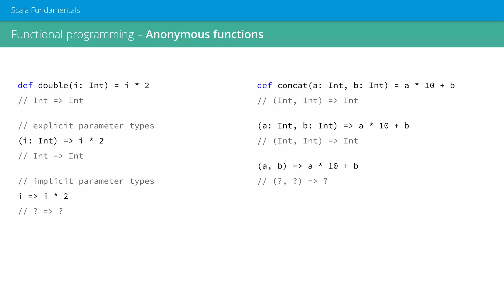 Functional programming – Anonymous functions
Scala Fundamentals
def double(i: Int) = i * 2
// Int => Int
// explicit parameter types
(i: Int) => i * 2
// Int => Int
// implicit parameter types
i => i * 2
// ? => ?
def concat(a: Int, b: Int) = a * 10 + b
// (Int, Int) => Int
(a: Int, b: Int) => a * 10 + b
// (Int, Int) => Int
(a, b) => a * 10 + b
// (?, ?) => ?
 
